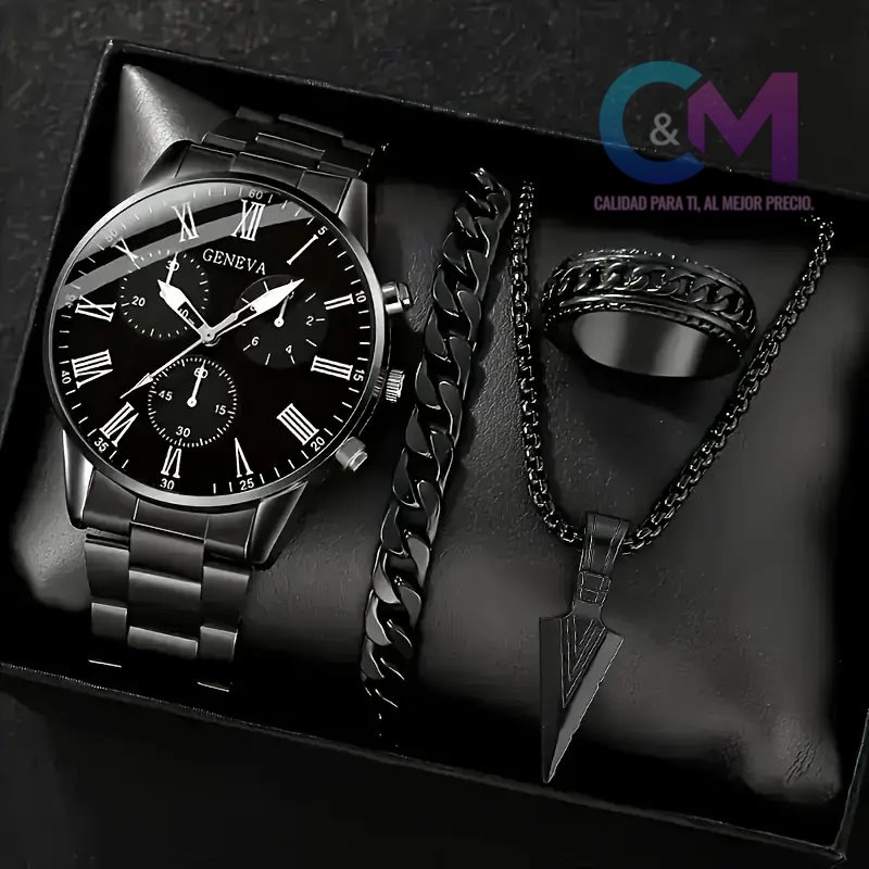 RELOJ DE METAL DE NEGRO Y PANTALLA NEGRA CON NUMERO ROMANOS GENEVA CON PULSERAS CADENAS METALICAS